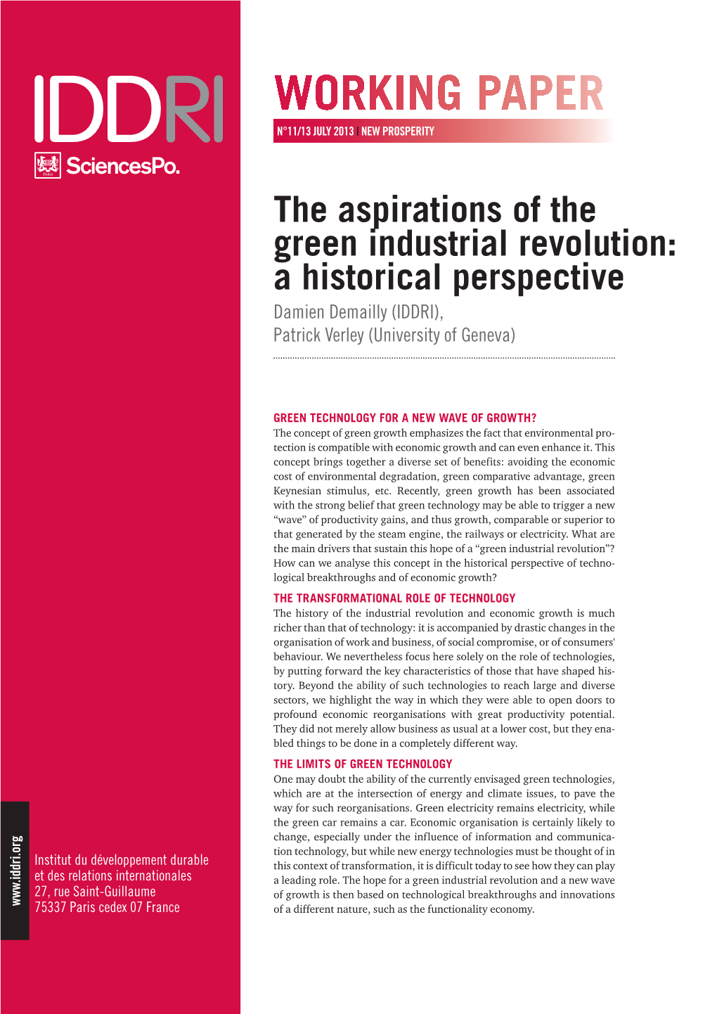 The Aspirations of the Green Industrial Revolution: a Historical Perspective Damien Demailly (IDDRI), Patrick Verley (University of Geneva)