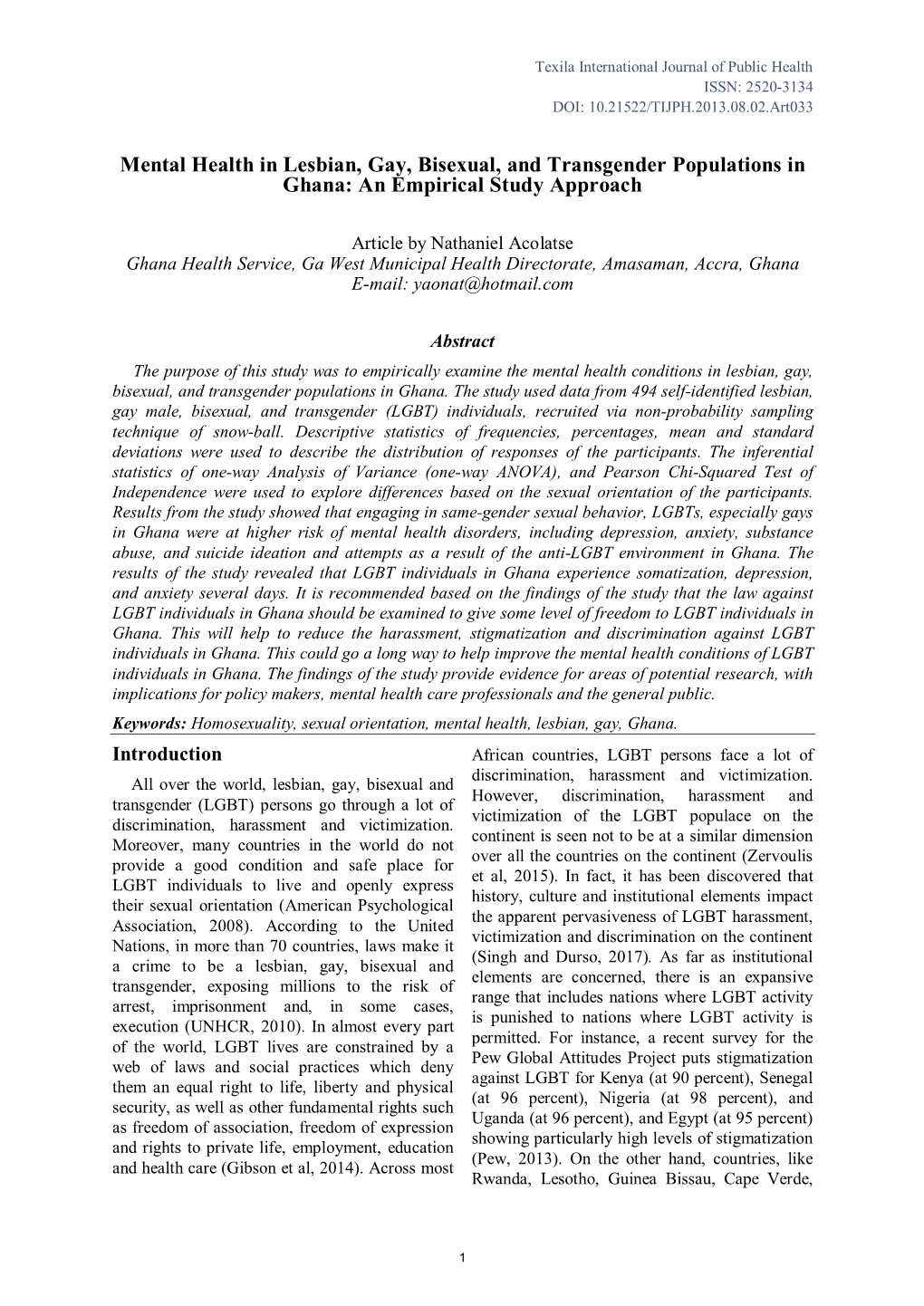 Mental Health in Lesbian, Gay, Bisexual, and Transgender Populations in Ghana: an Empirical Study Approach