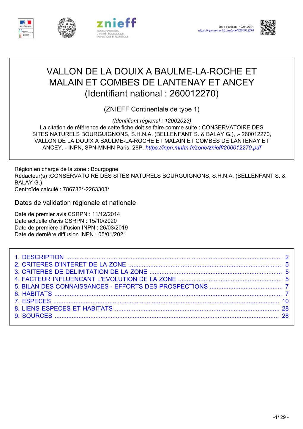 VALLON DE LA DOUIX a BAULME-LA-ROCHE ET MALAIN ET COMBES DE LANTENAY ET ANCEY (Identifiant National : 260012270)