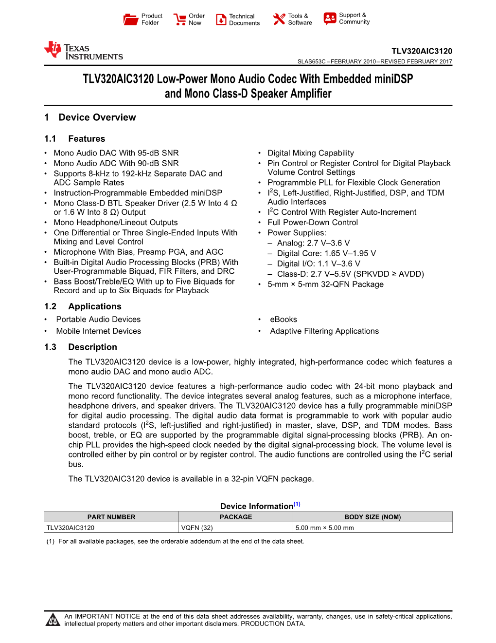 TLV320AIC3120 Low-Power Mono Audio Codec with Embedded Minidsp and Mono Class-D Speaker Amplifier Datasheet (Rev. C)