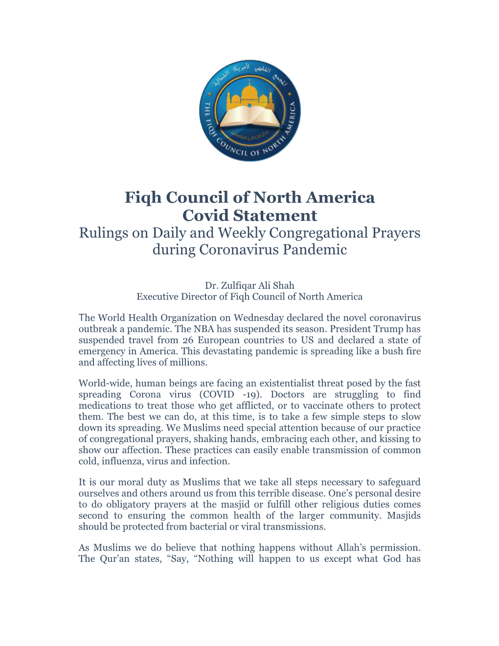 Fiqh Council of North America Covid Statement Rulings on Daily and Weekly Congregational Prayers During Coronavirus Pandemic