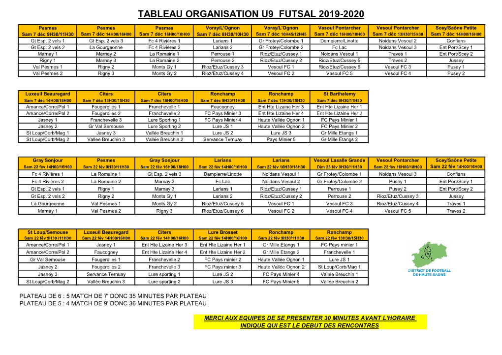 Tableau Organisation U9 Futsal 2019-2020