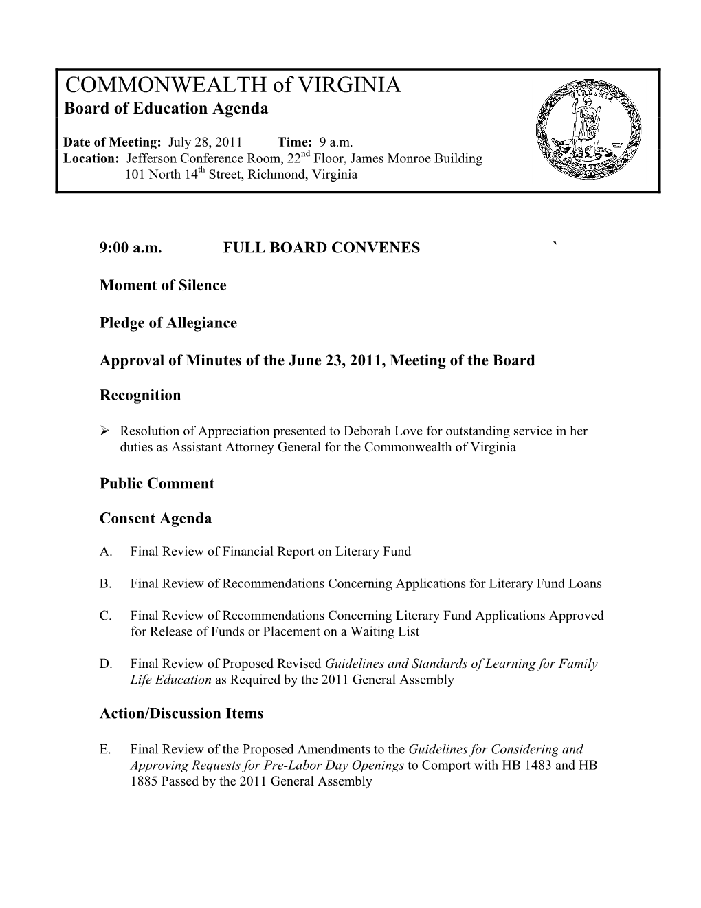 COMMONWEALTH of VIRGINIA Board of Education Agenda