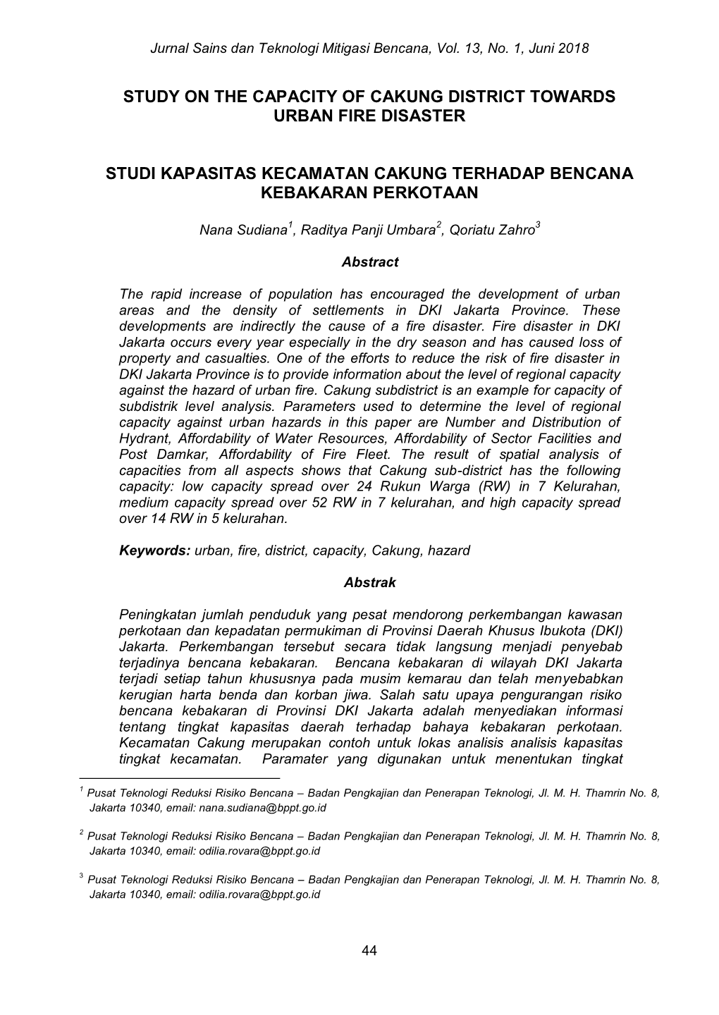 Study on the Capacity of Cakung District Towards Urban Fire Disaster