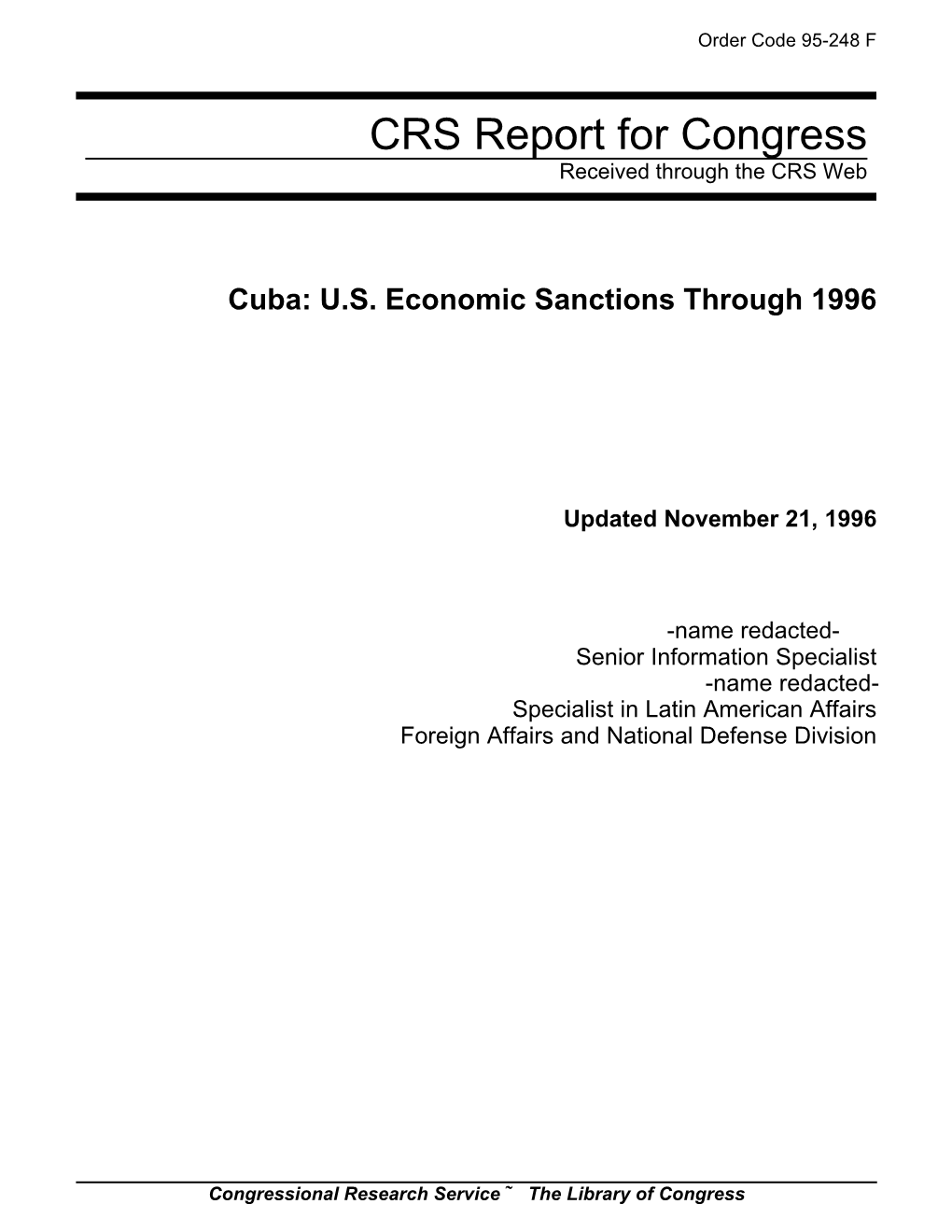 US Economic Sanctions Through 1996