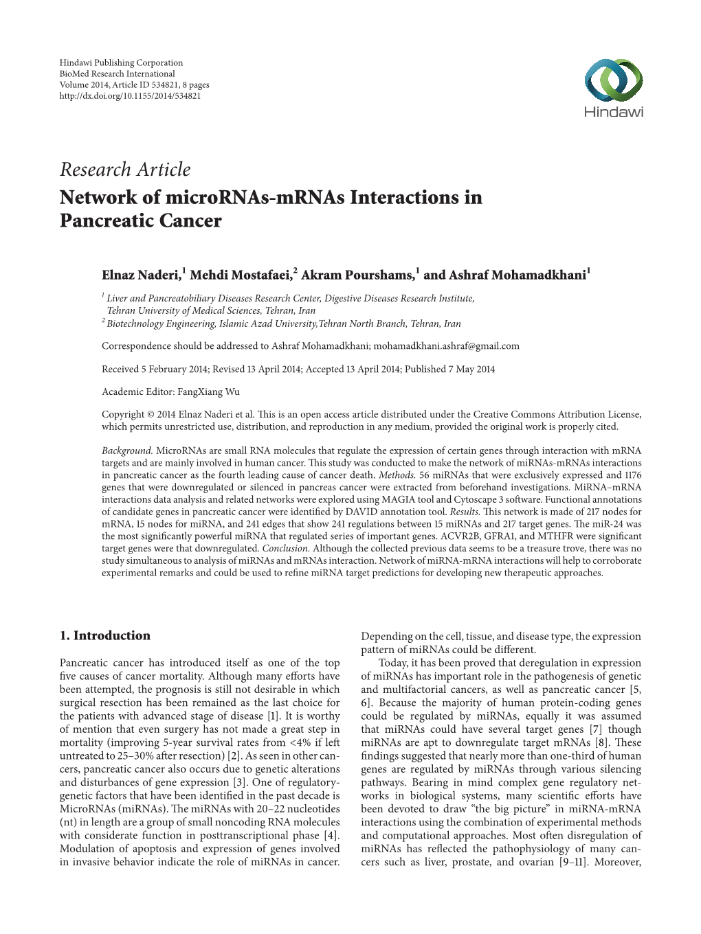 Research Article Network of Micrornas-Mrnas Interactions in Pancreatic Cancer