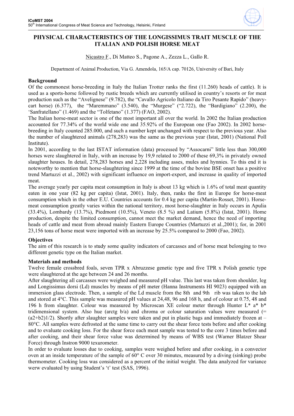 Physical Characteristics of the Longissimus Trait Muscle of the Italian and Polish Horse Meat