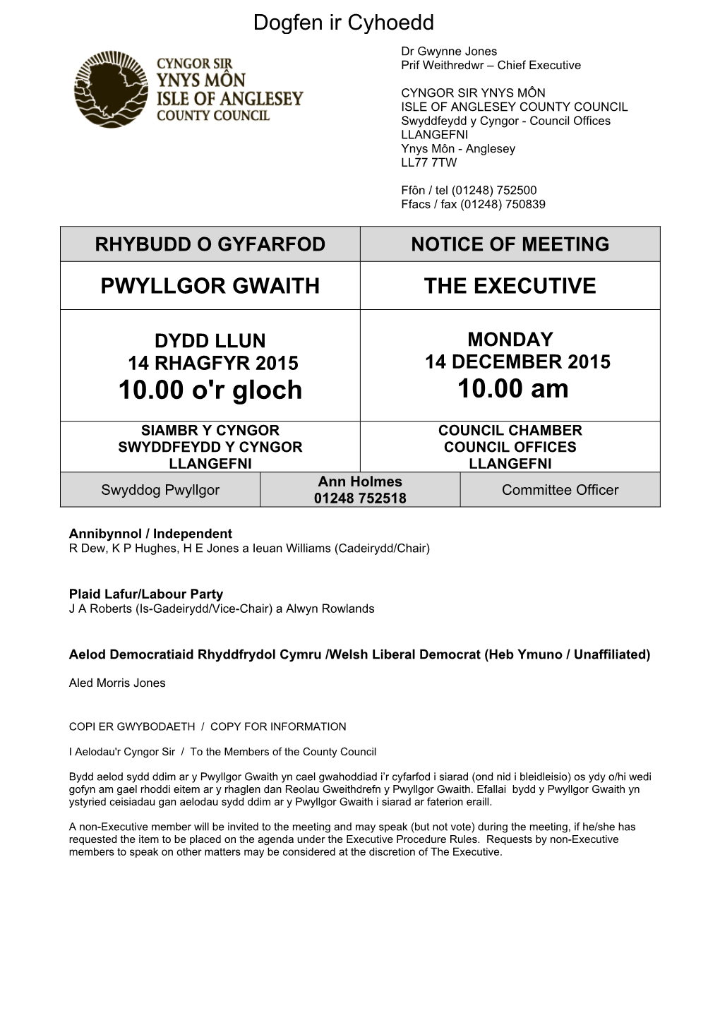 Rhaglen Dogfen I/Ar Gyfer Pwyllgor Gwaith, 14/12/2015 10:00