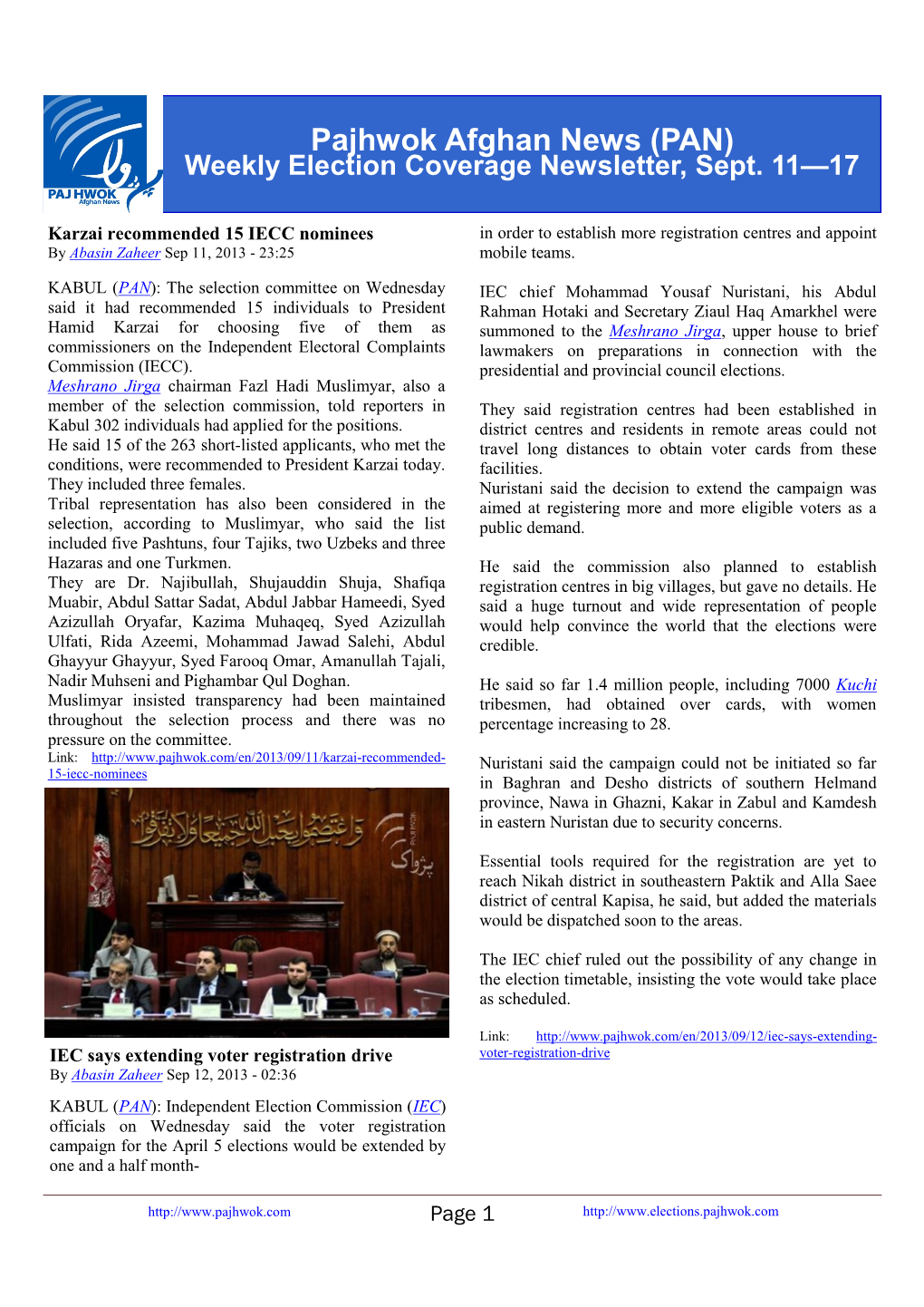 Pajhwok Afghan News (PAN) Weekly Election Coverage Newsletter, Sept