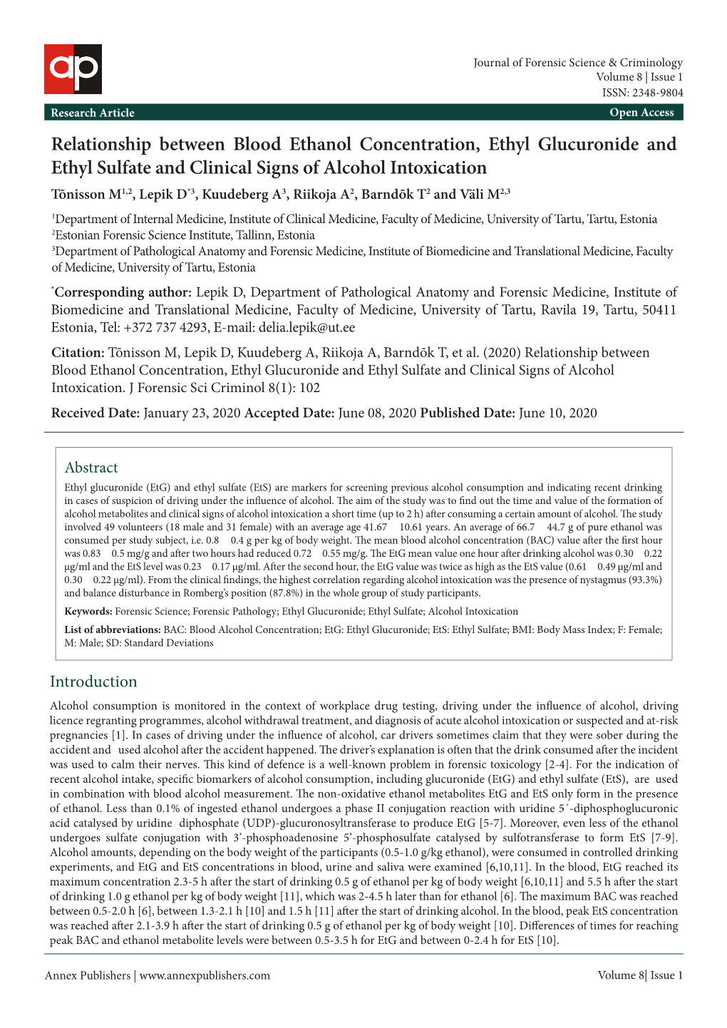 Relationship Between Blood Ethanol Concentration, Ethyl Glucuronide