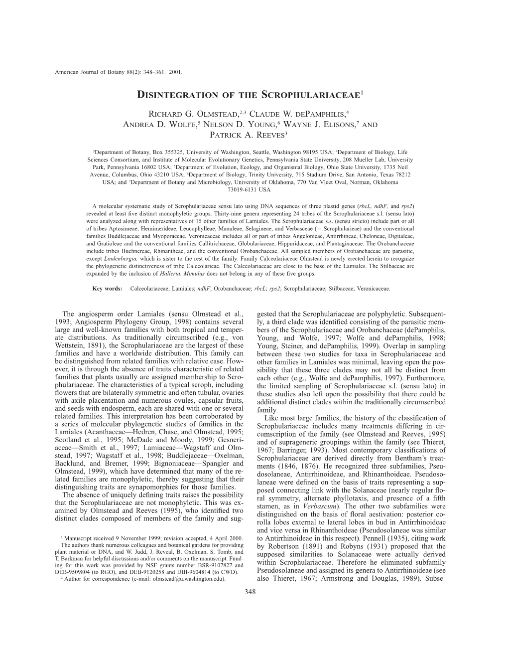 Disintegration of the Scrophulariaceae1