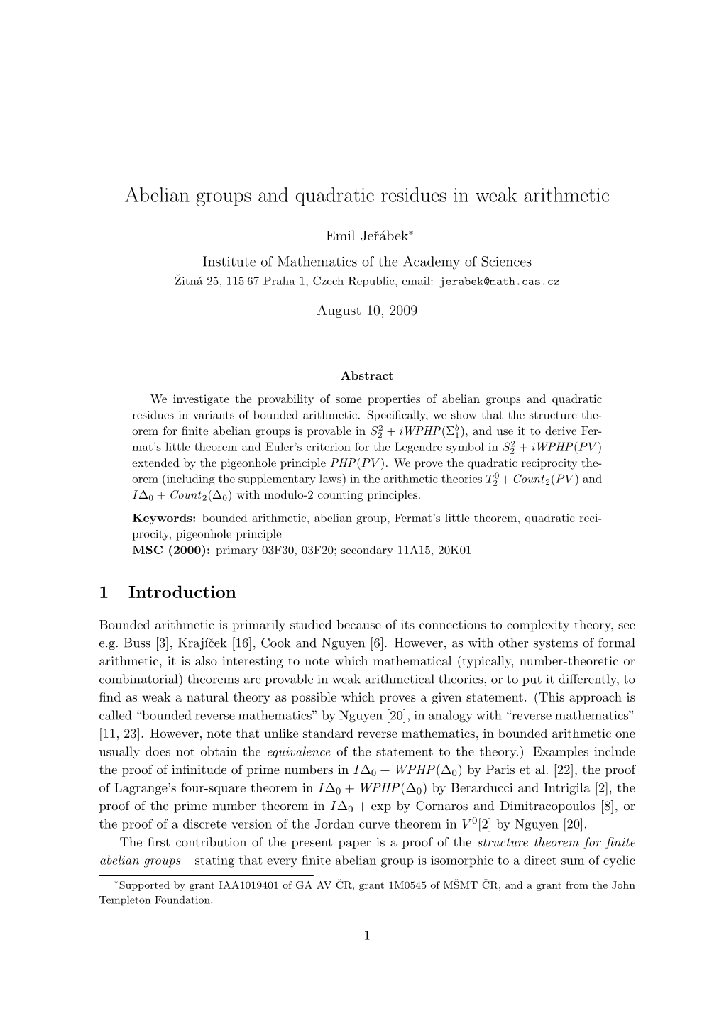 Abelian Groups and Quadratic Residues in Weak Arithmetic