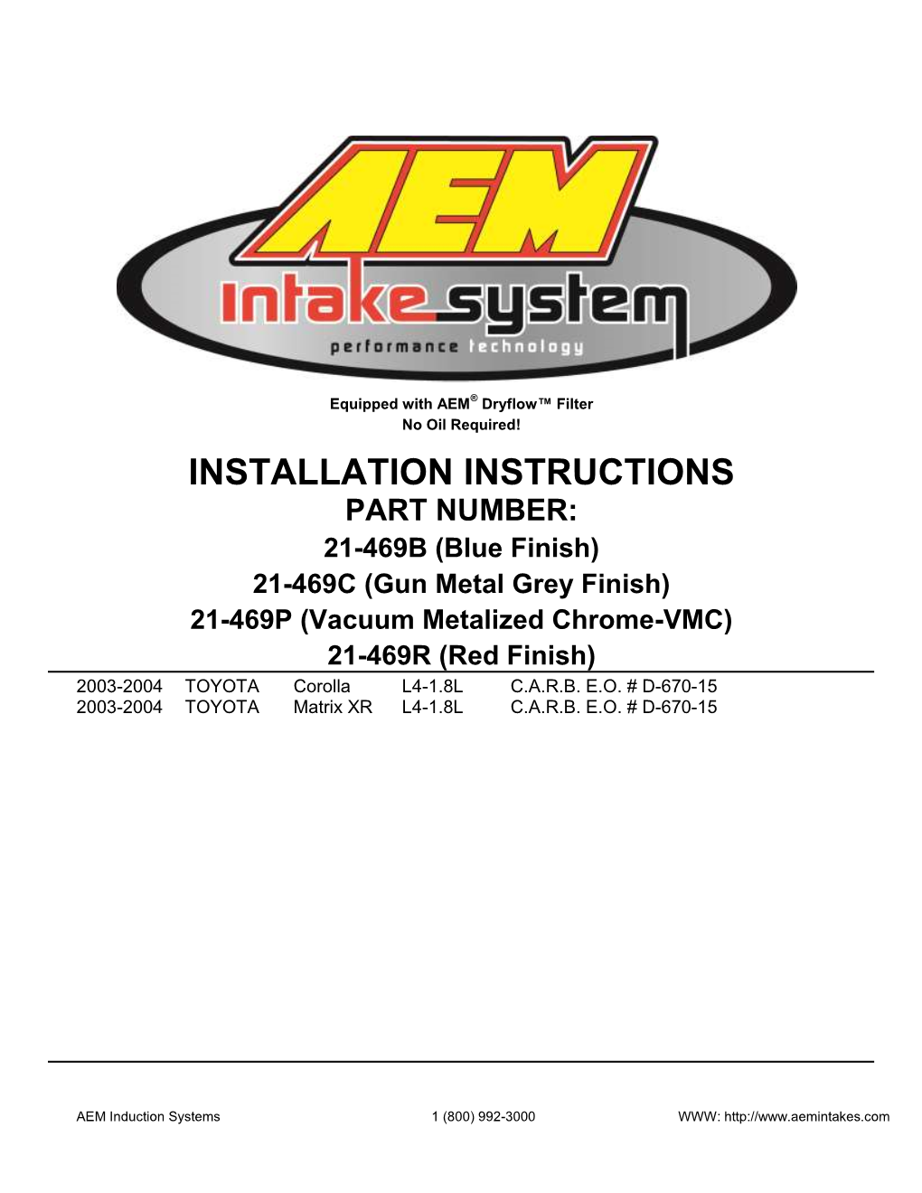 Installation Instructions Part Number