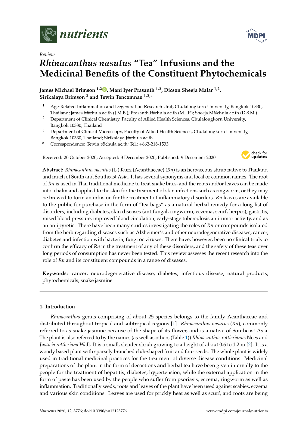 Rhinacanthus Nasutus “Tea” Infusions and the Medicinal Beneﬁts of the Constituent Phytochemicals