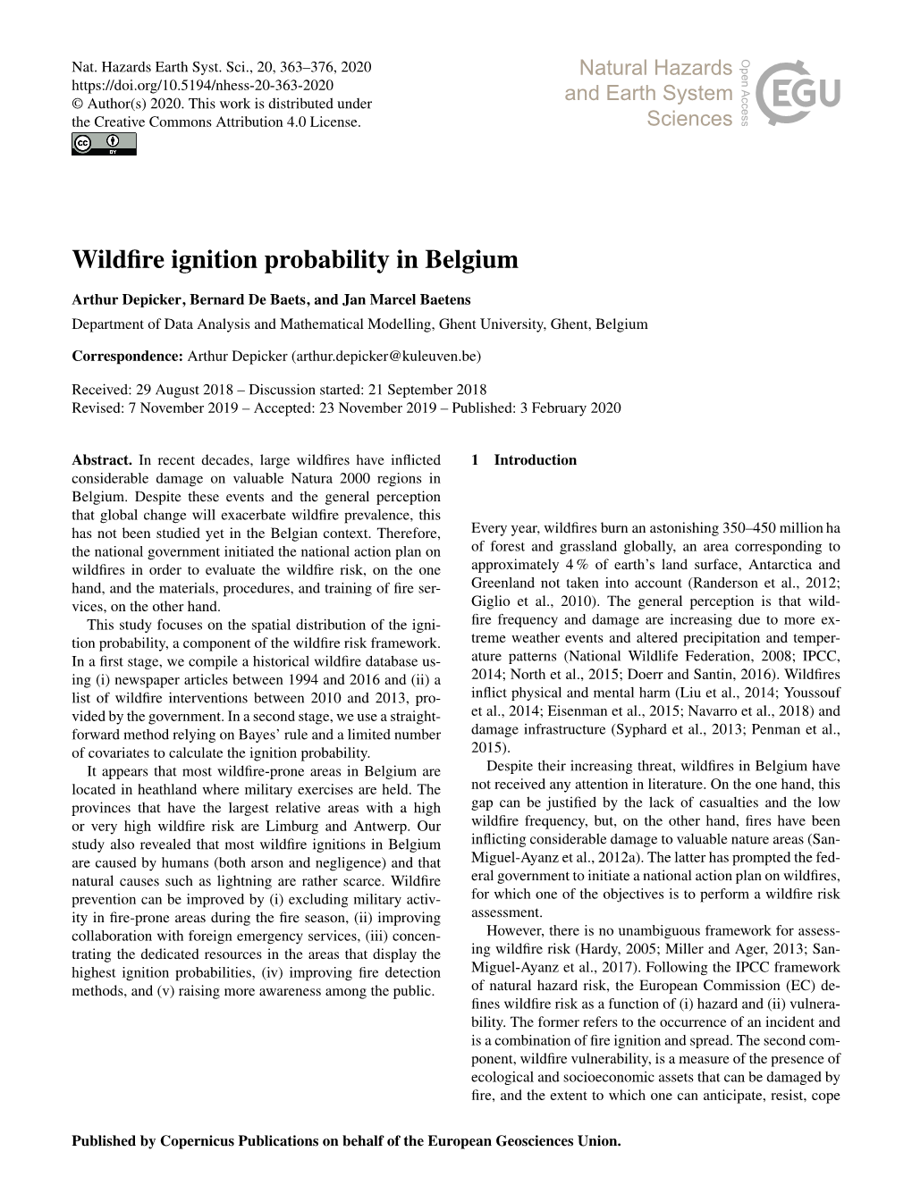 Wildfire Ignition Probability in Belgium