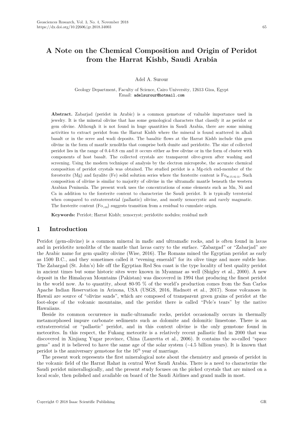 A Note on the Chemical Composition and Origin of Peridot from the Harrat Kishb, Saudi Arabia