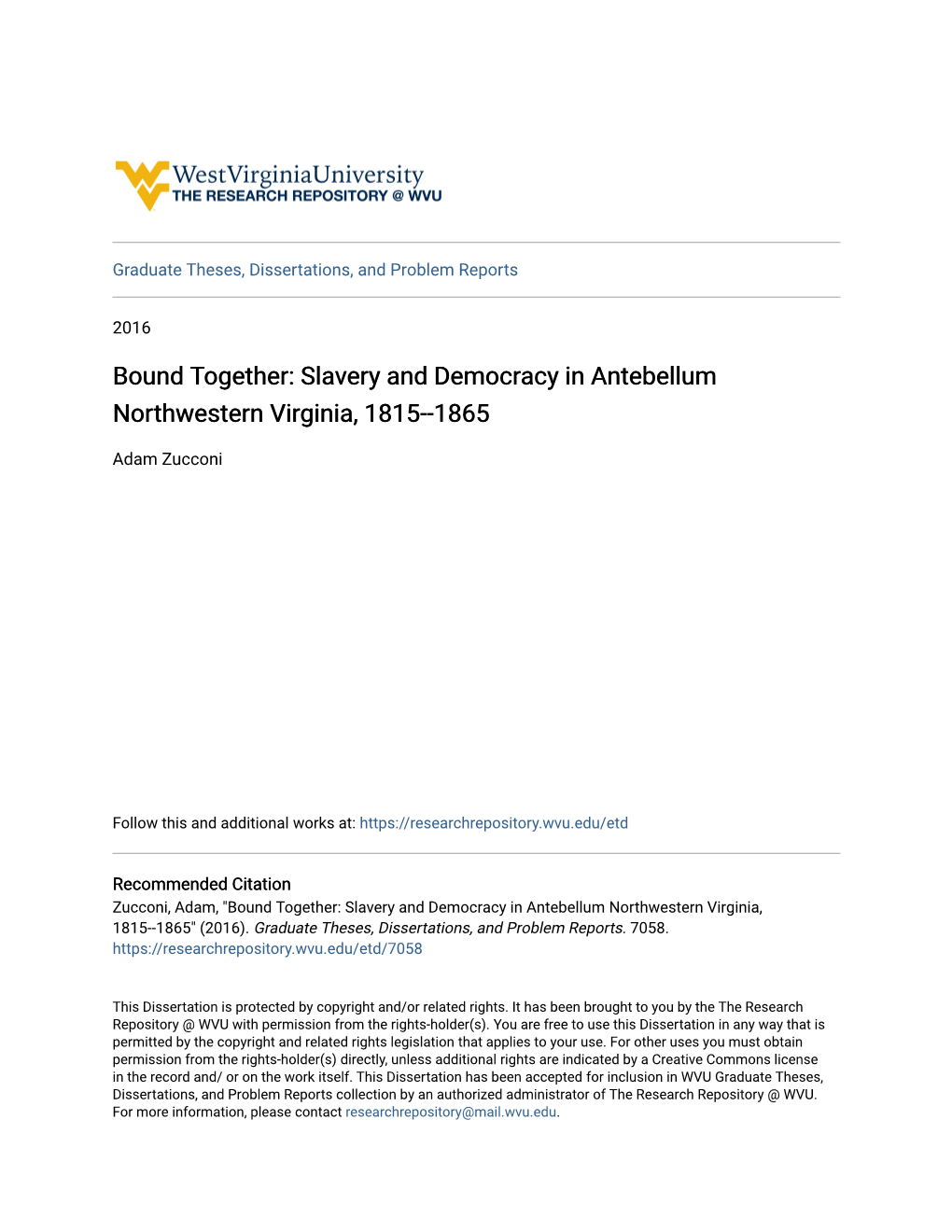 Slavery and Democracy in Antebellum Northwestern Virginia, 1815--1865