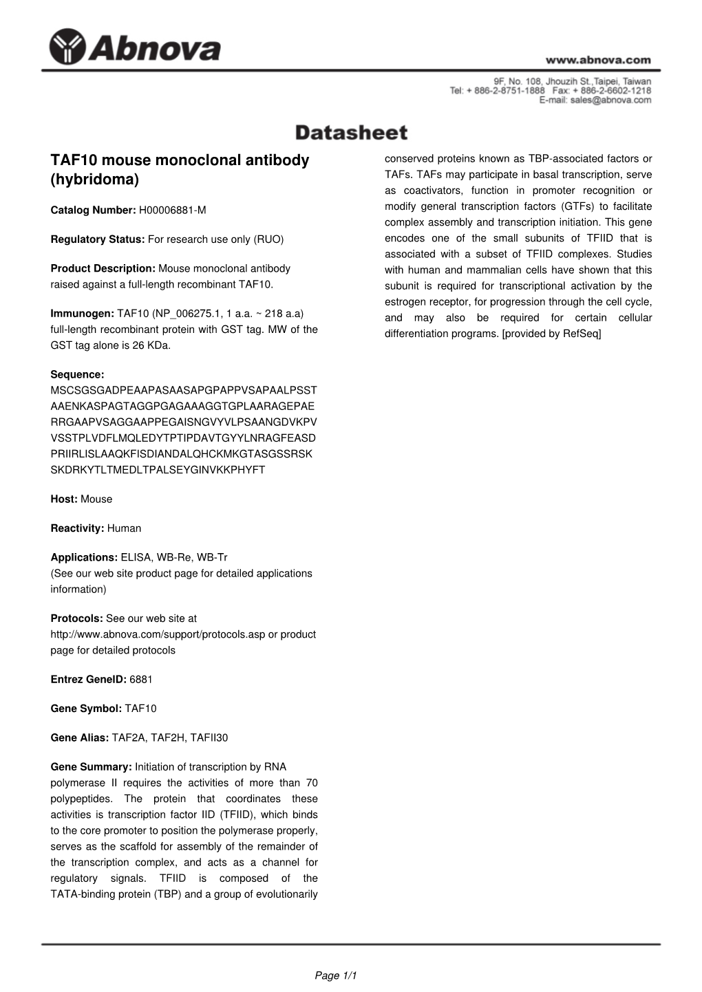 TAF10 Mouse Monoclonal Antibody (Hybridoma)