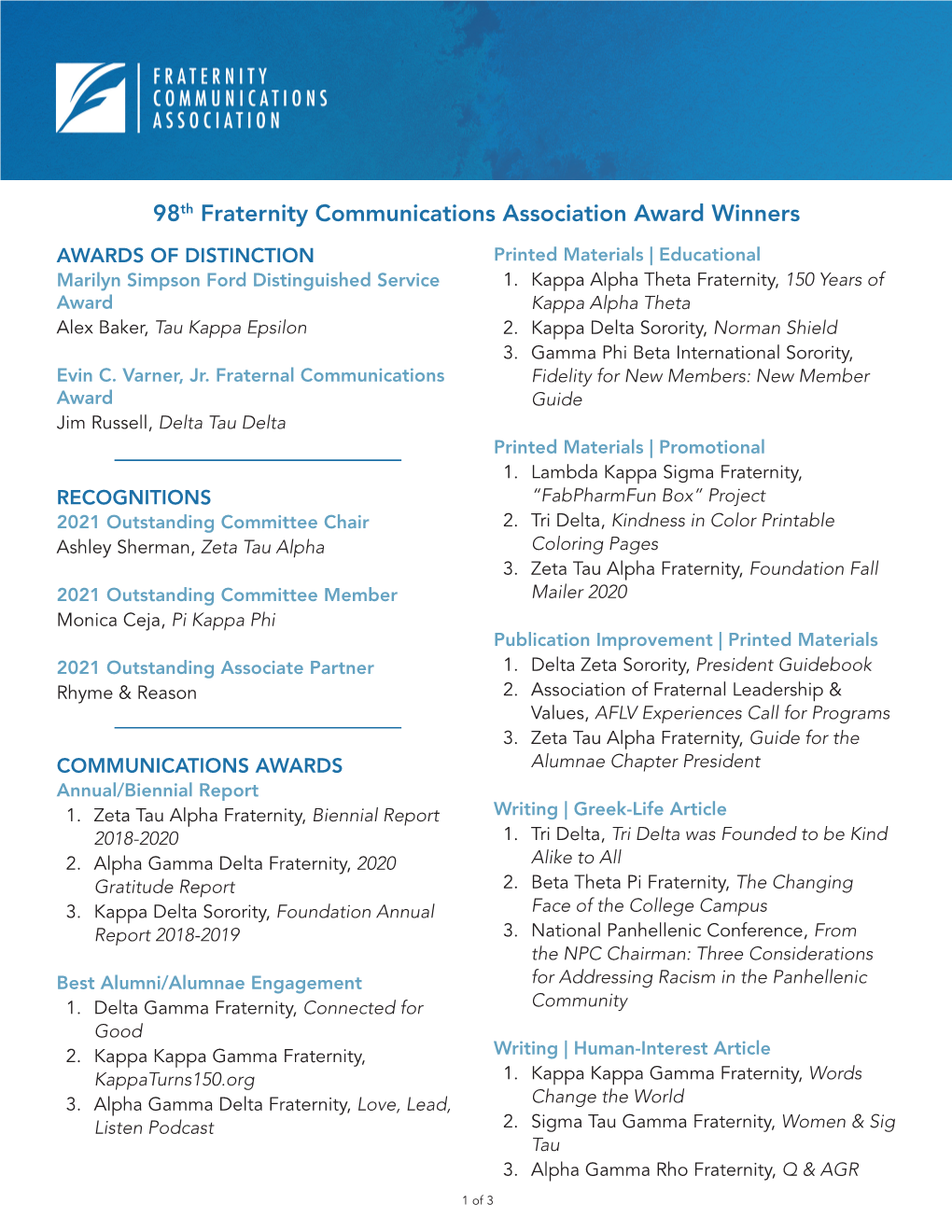 98Th Fraternity Communications Association Award Winners AWARDS of DISTINCTION Printed Materials | Educational Marilyn Simpson Ford Distinguished Service 1