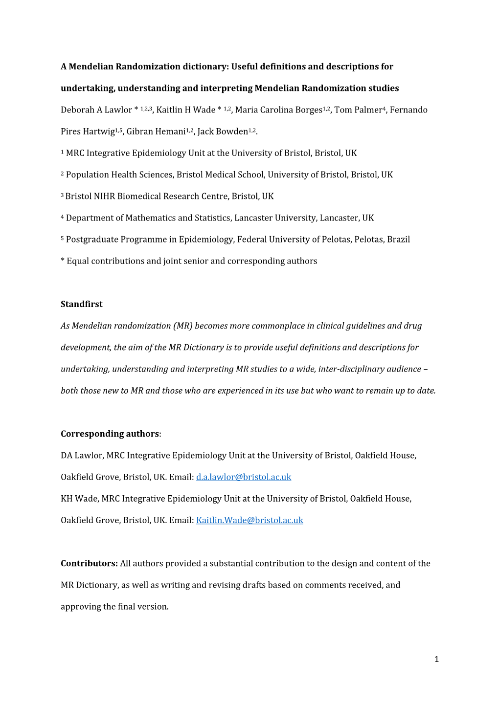 Useful Definitions for Mendelian Randomisation Version 1 March