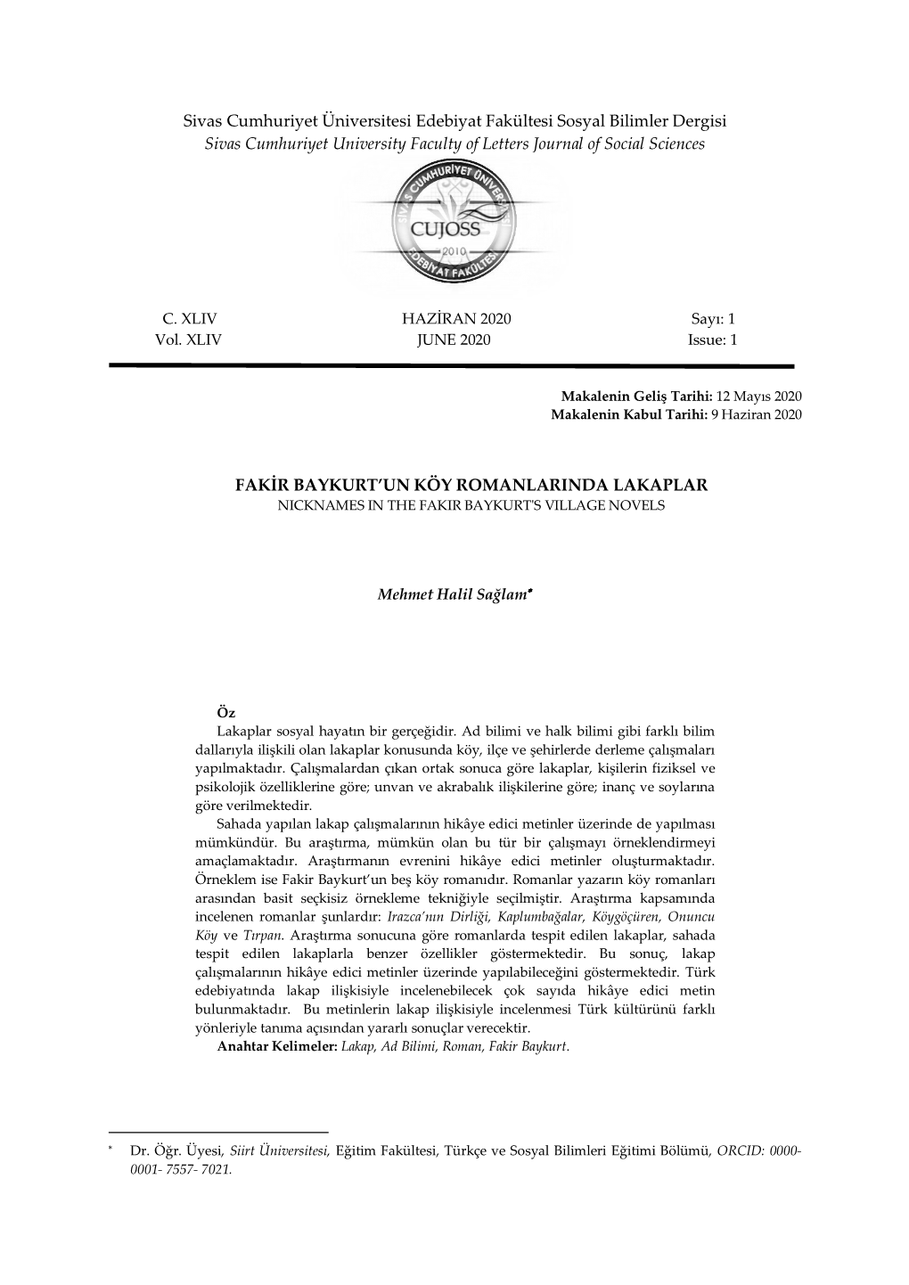 Sivas Cumhuriyet Üniversitesi Edebiyat Fakültesi Sosyal Bilimler Dergisi Sivas Cumhuriyet University Faculty of Letters Journal of Social Sciences