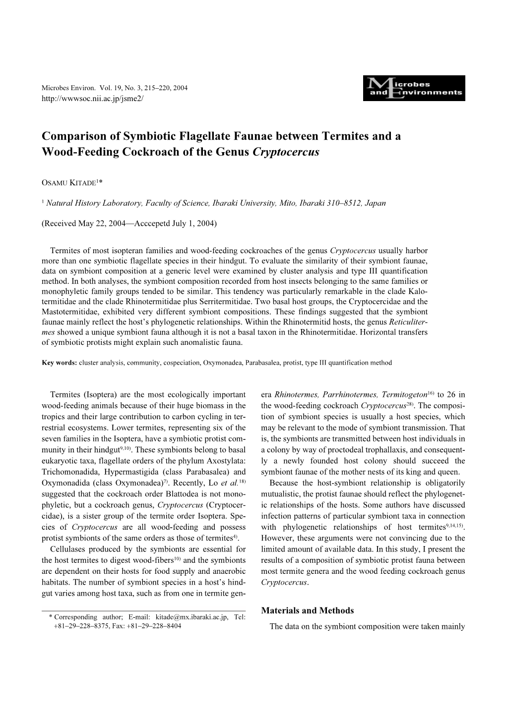 Comparison of Symbiotic Flagellate Faunae Between Termites and a Wood-Feeding Cockroach of the Genus Cryptocercus