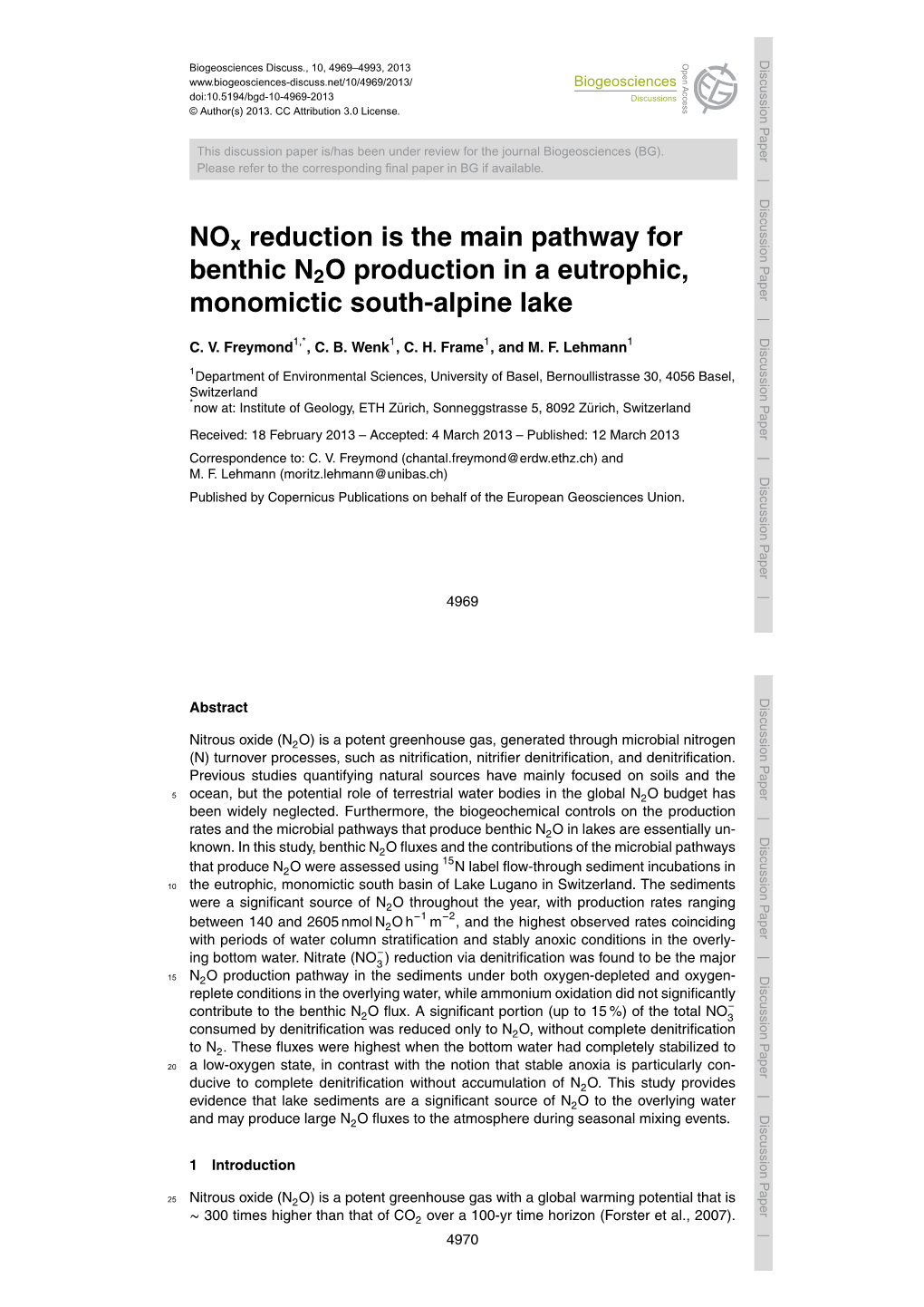 Nox Reduction Is the Main Pathway for Benthic N2O Production in A