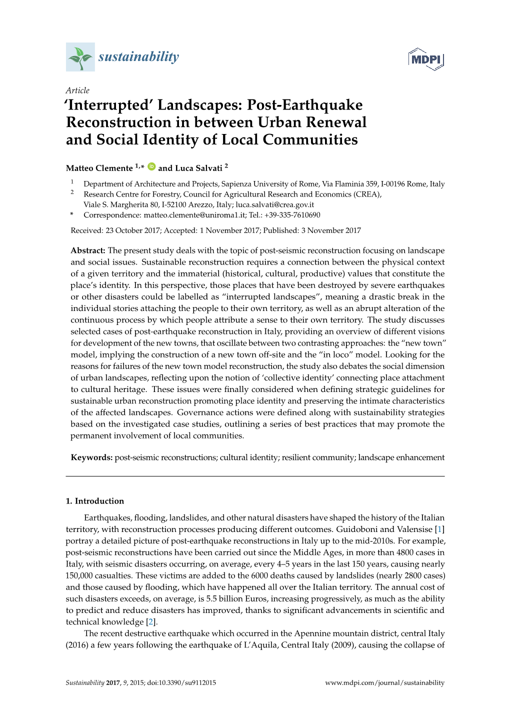 Landscapes: Post-Earthquake Reconstruction in Between Urban Renewal and Social Identity of Local Communities