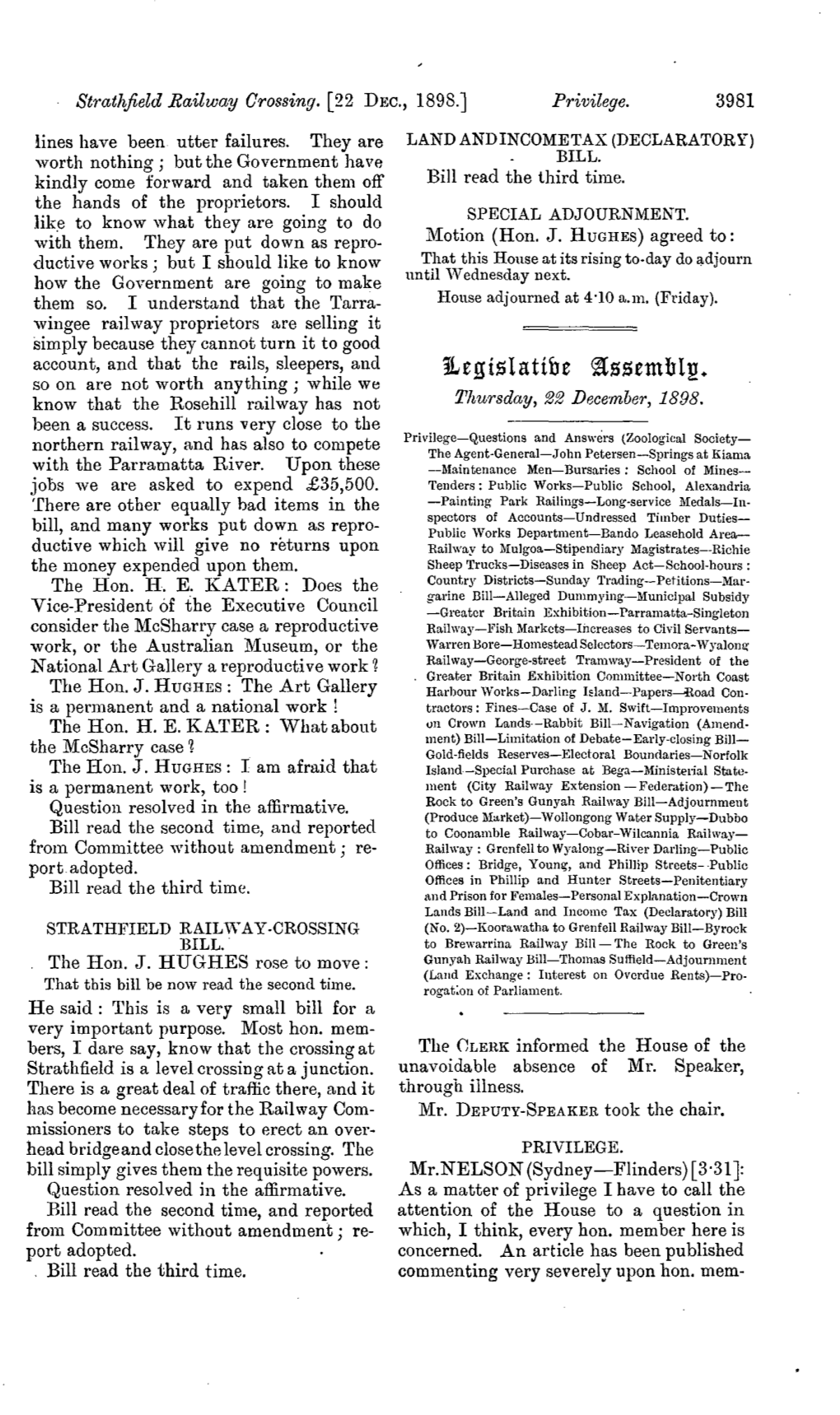 Ssembl11. So on Are Not Worth Anything; While We Know That the Rosehill Railway Has Not 'L'hursday, 22 December, 1898