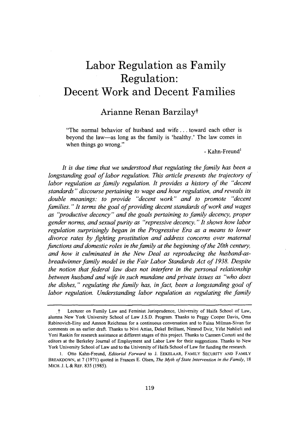 Labor Regulation As Family Reguation: Decent Work And