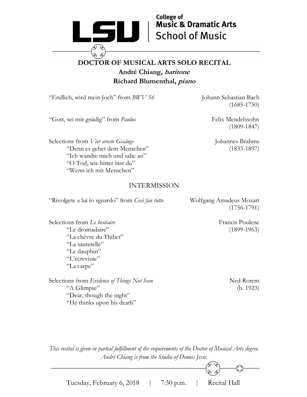 Tuesday, February 6, 2018 | 7:30 P.M. | Recital Hall