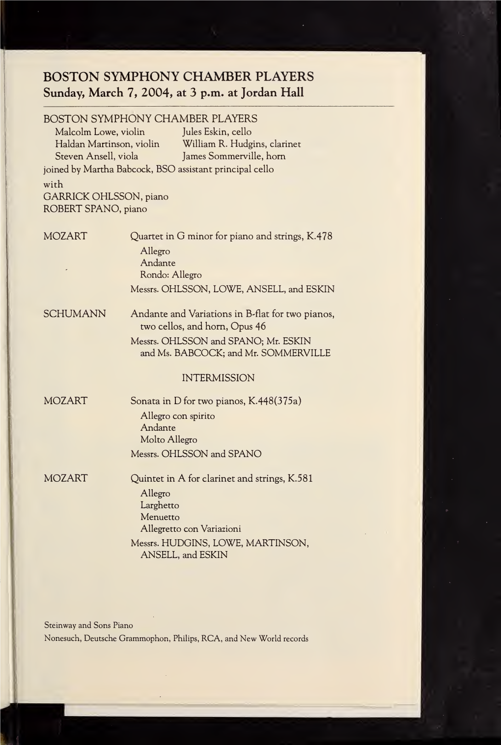 BOSTON SYMPHONY CHAMBER PLAYERS Sunday, March 7, 2004, at 3 P.M