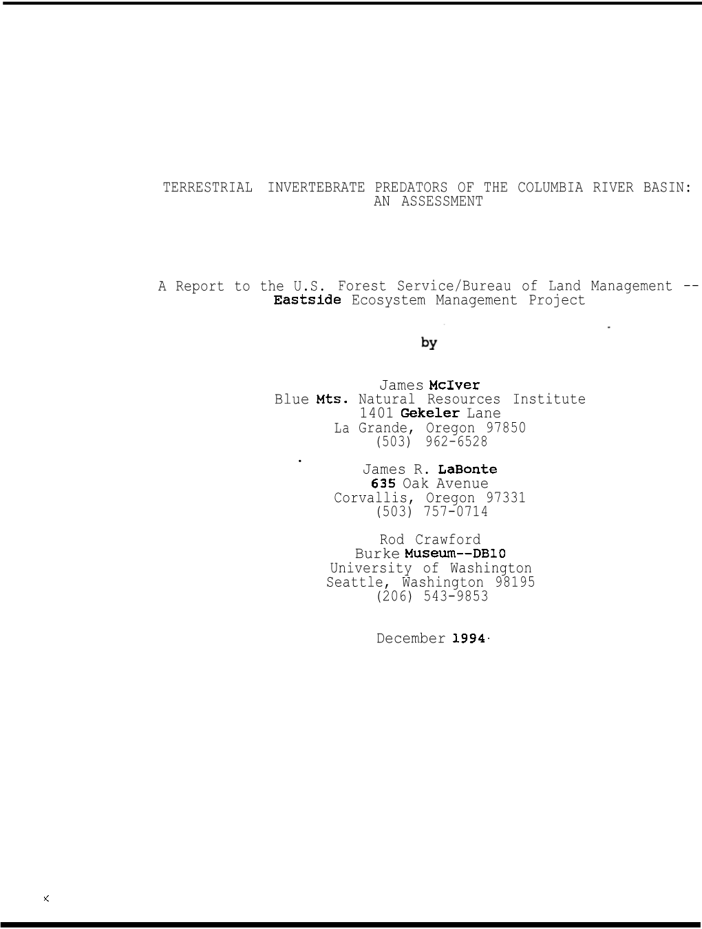 Terrestrial Invertebrate Predators of the Columbia River Basin: an Assessment