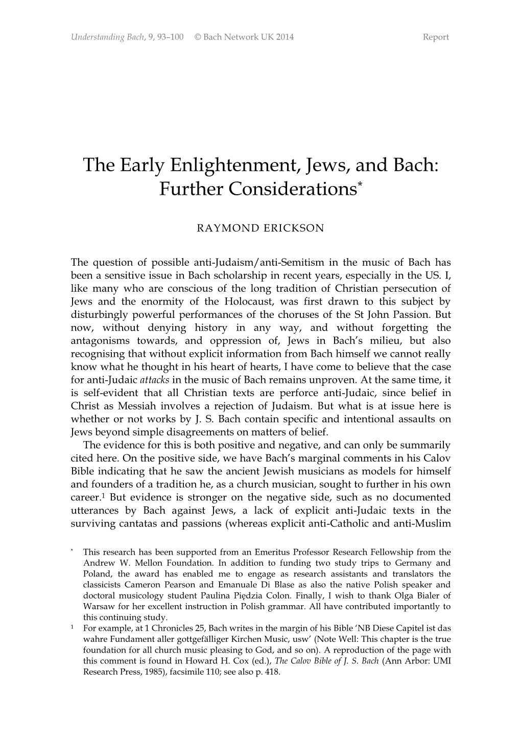 The Early Enlightenment, Jews, and Bach: Further Considerations*