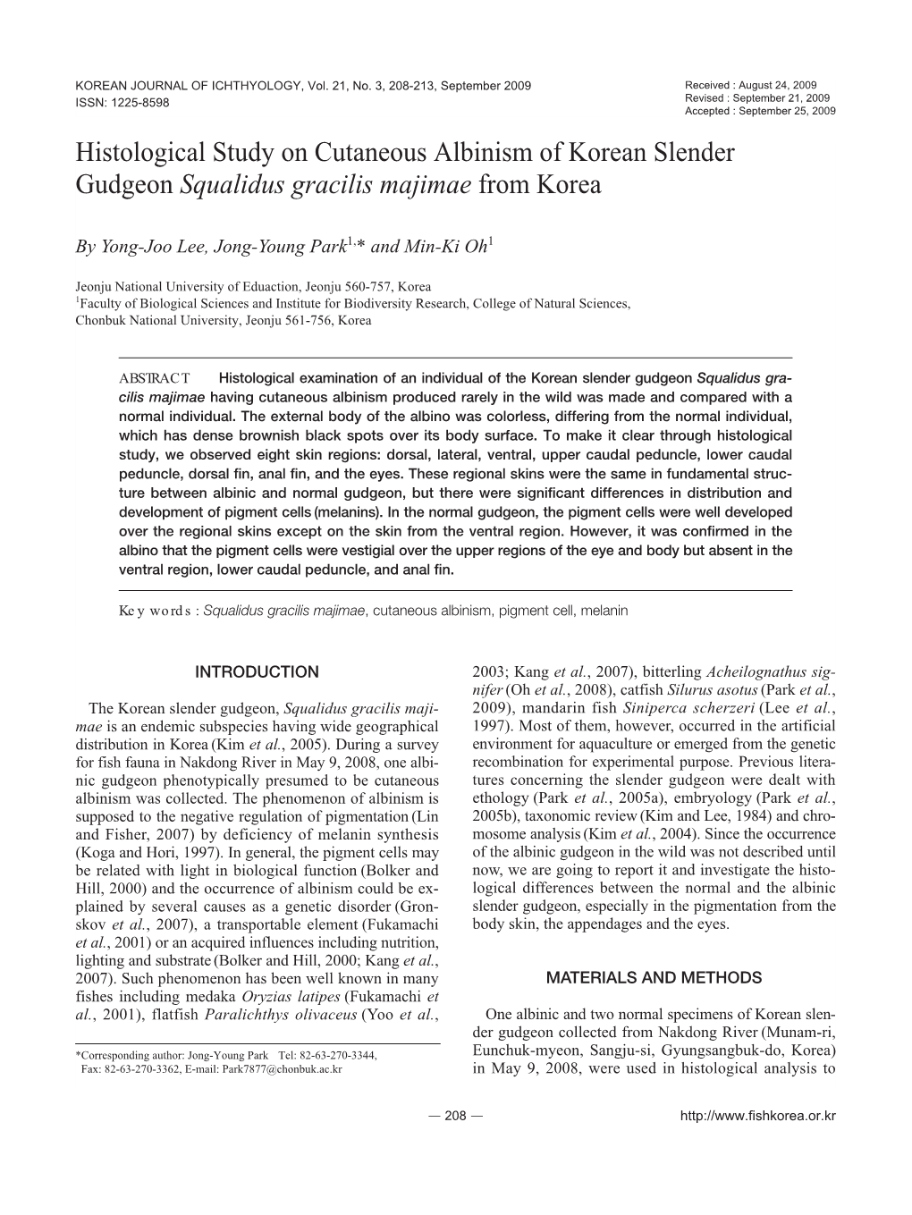 Histological Study on Cutaneous Albinism of Korean Slender Gudgeon Squalidus Gracilis Majimae from Korea