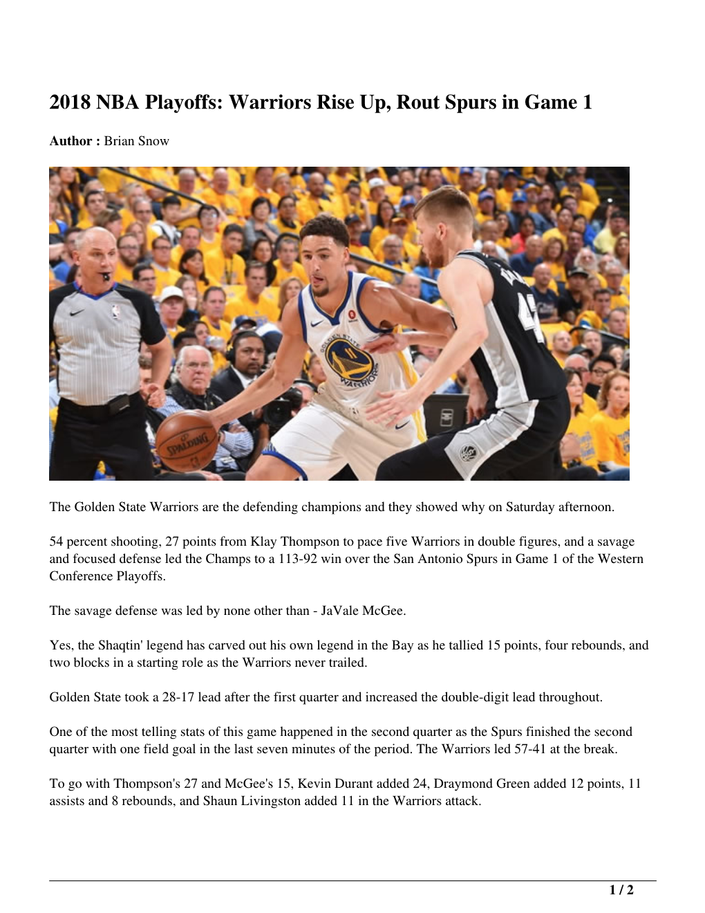 2018 NBA Playoffs: Warriors Rise Up, Rout Spurs in Game 1