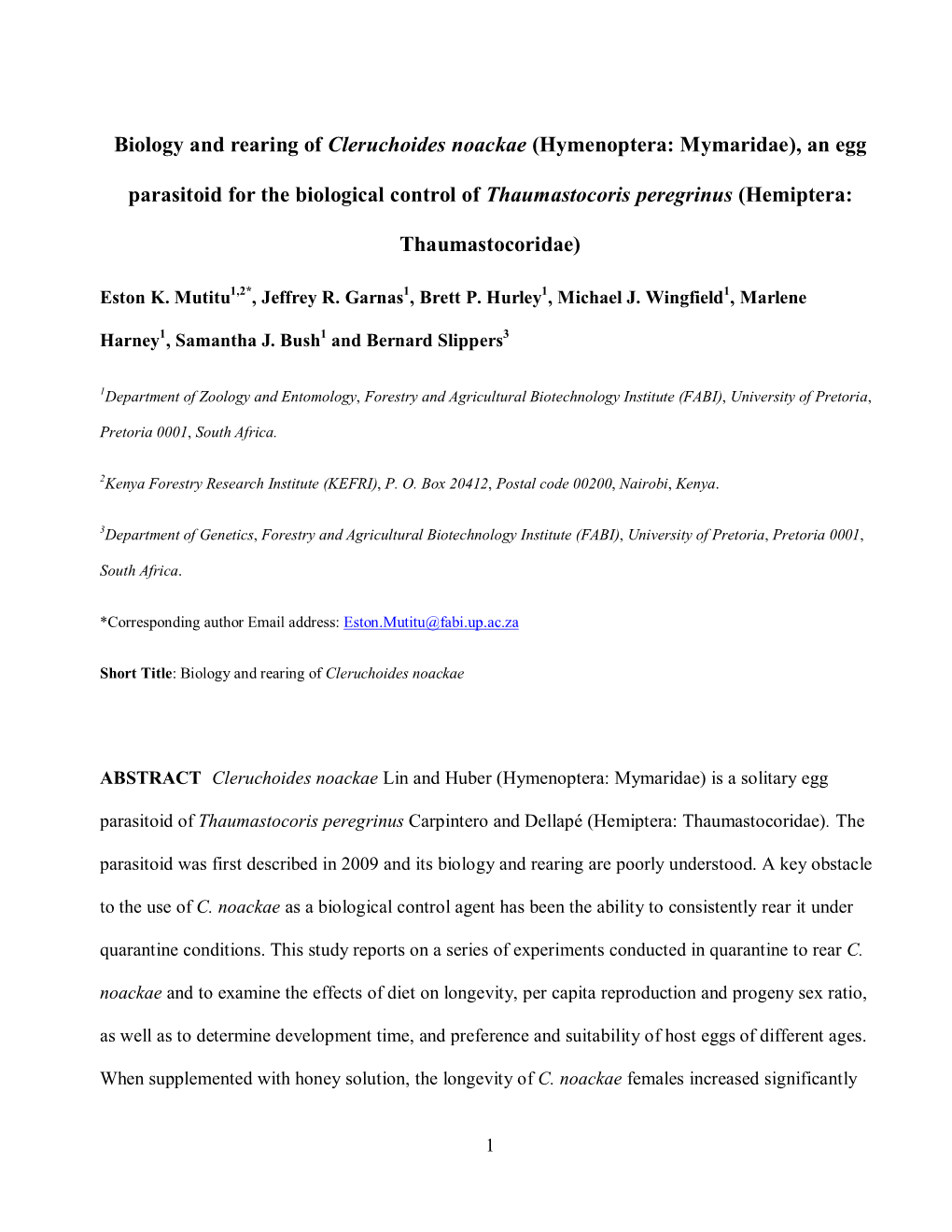 Experiment 1: Host Egg Age Preference for Cleruchoides Noackae