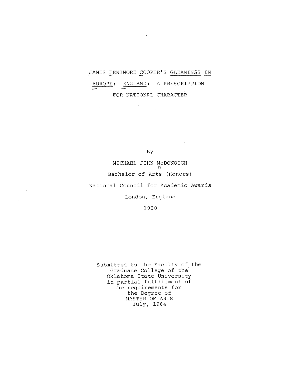 James Fenimore Cooper's Gleanings in Europe: England: a Prescription for National Character