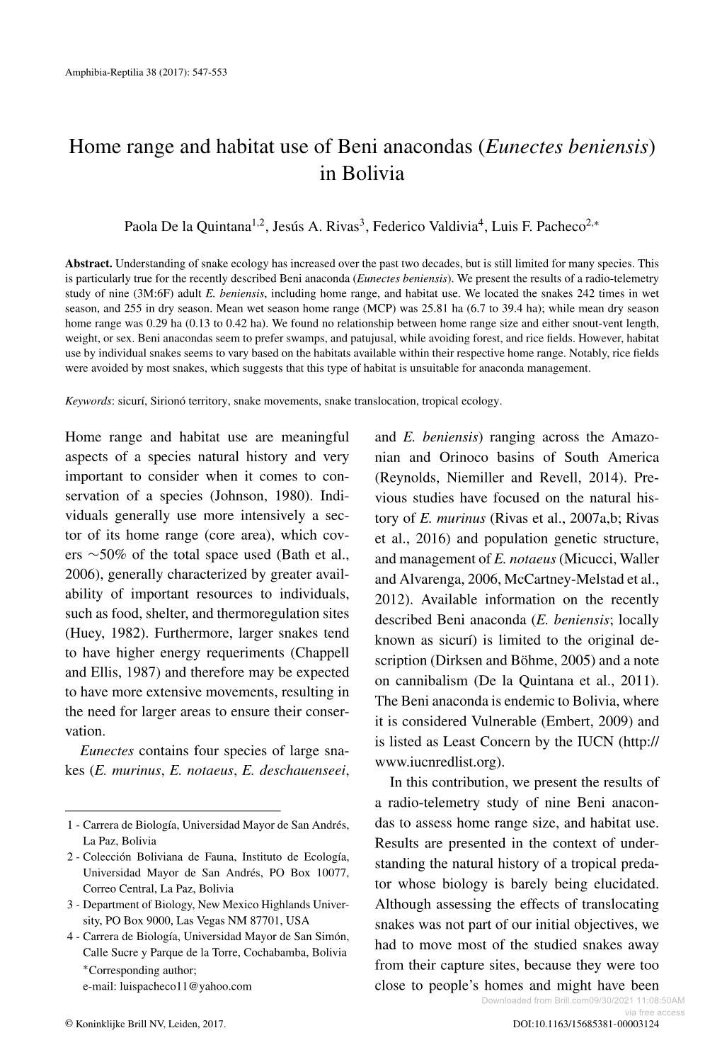 Home Range and Habitat Use of Beni Anacondas (Eunectes Beniensis) in Bolivia