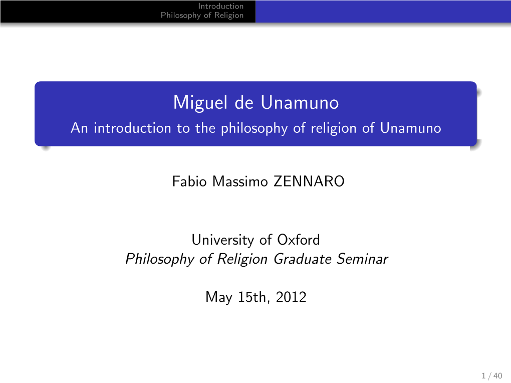 Miguel De Unamuno an Introduction to the Philosophy of Religion of Unamuno