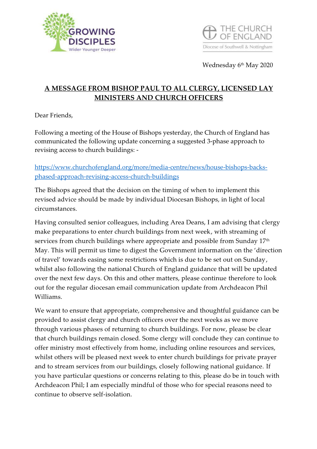 A Message from Bishop Paul to All Clergy, Licensed Lay Ministers and Church Officers