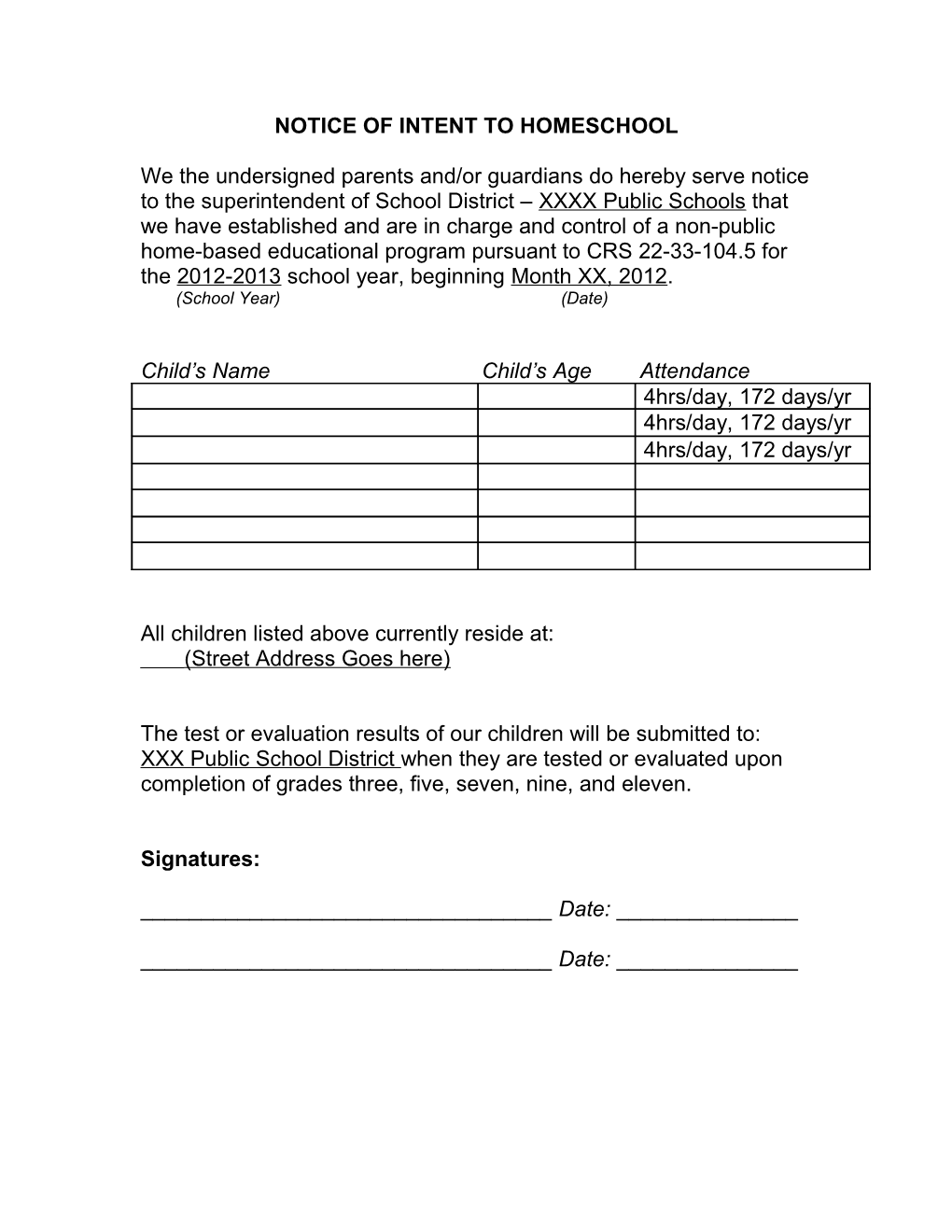 Notice of Intent to Homeschool