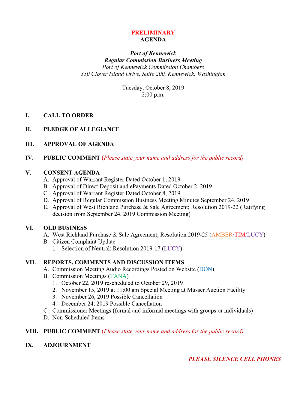 PRELIMINARY AGENDA Port of Kennewick Regular Commission