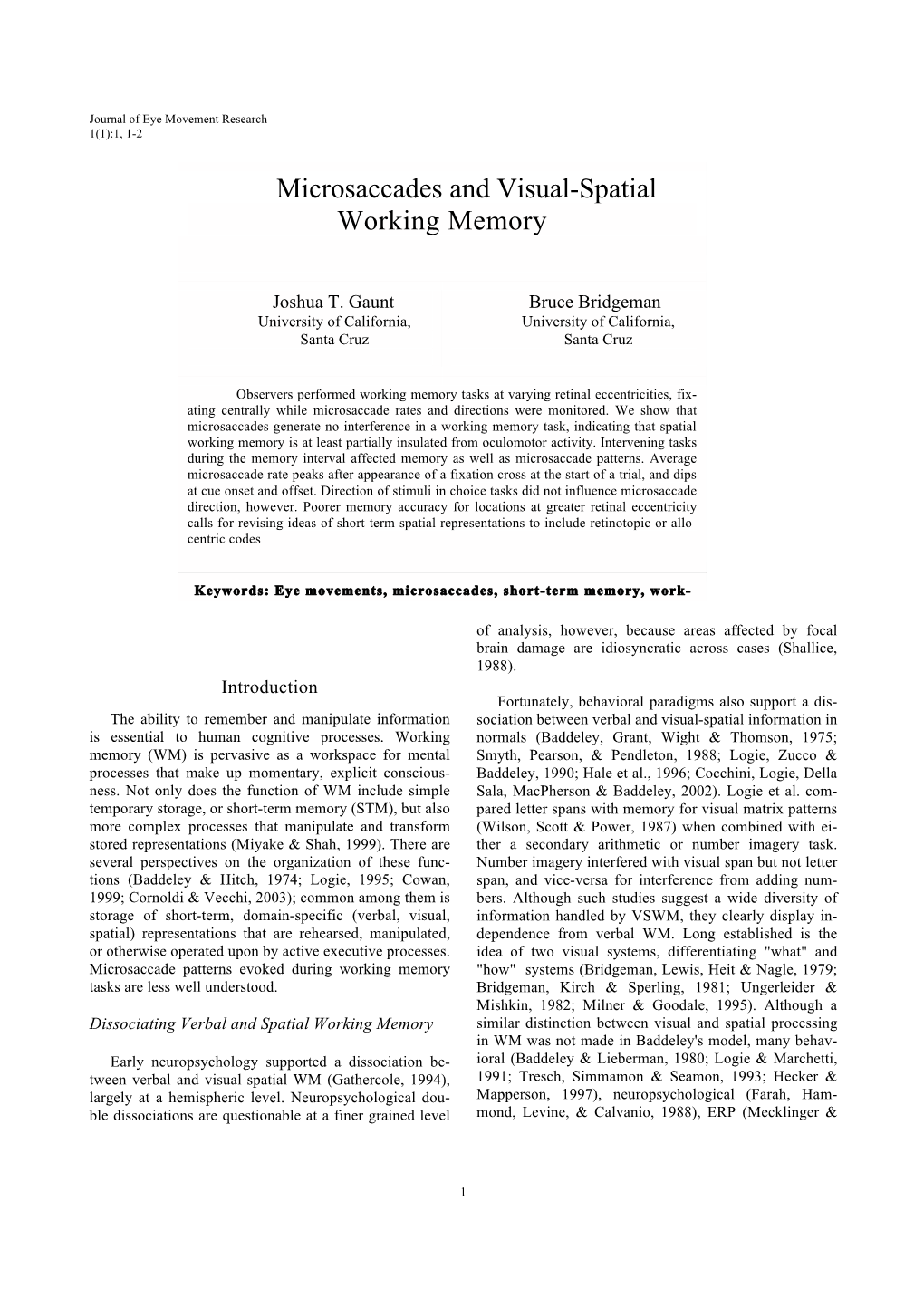 Microsaccades and Visual-Spatial Working Memory