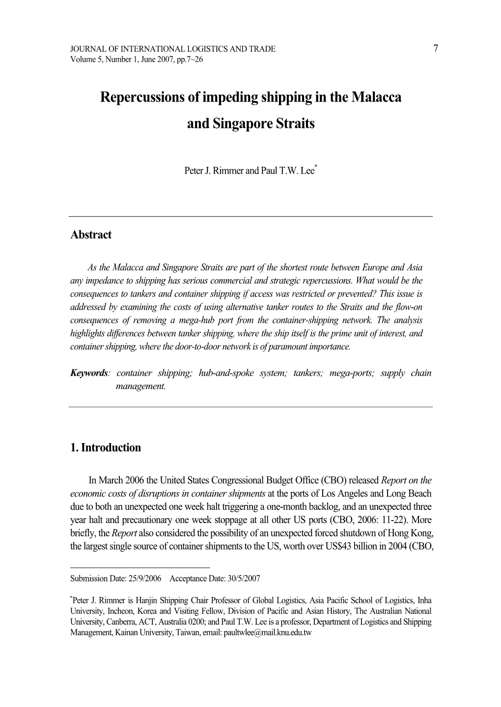 Repercussions of Impeding Shipping in the Malacca and Singapore Straits