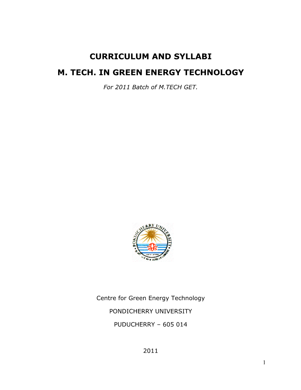 Curriculum and Syllabi M. Tech. in Green Energy