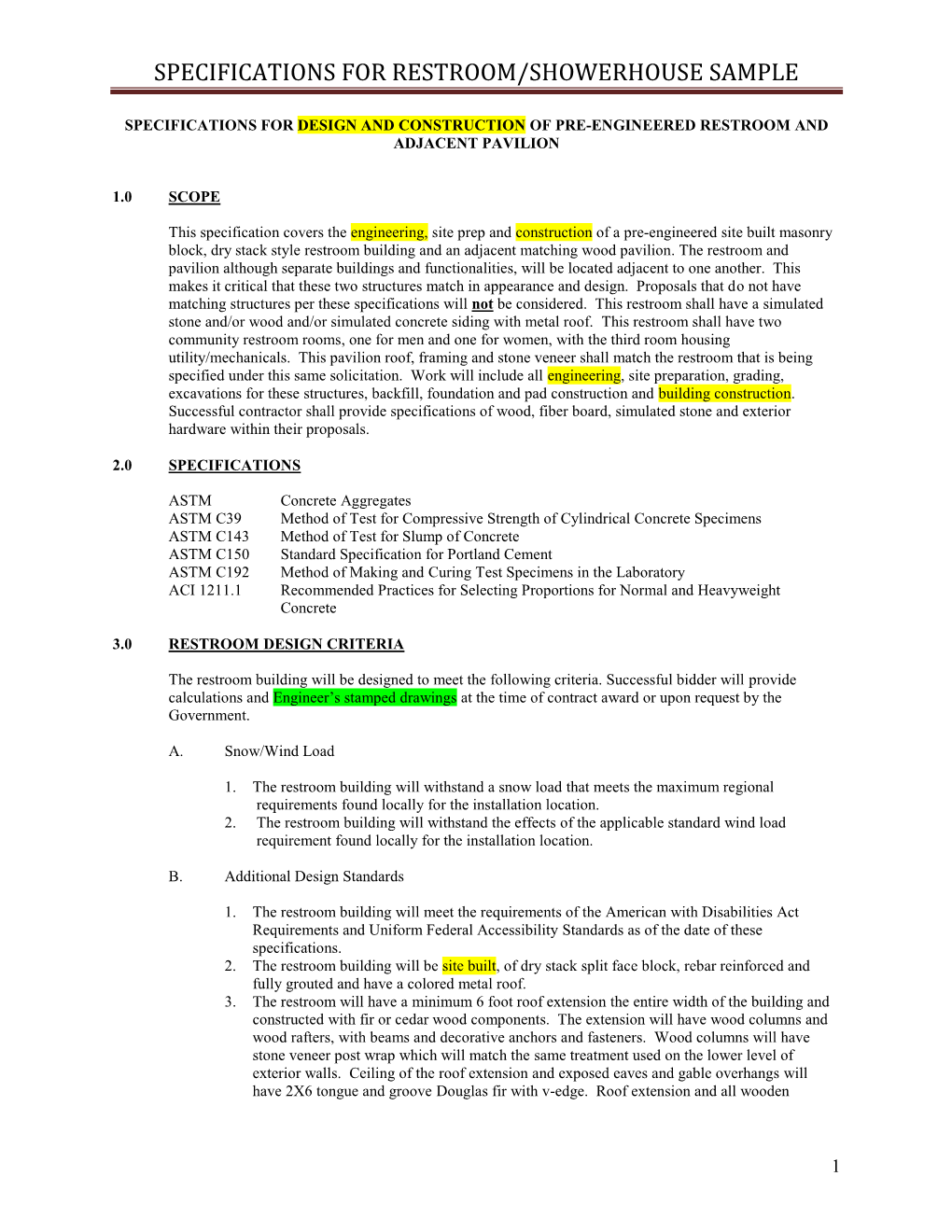 Specifications for Restroom/Showerhouse Sample