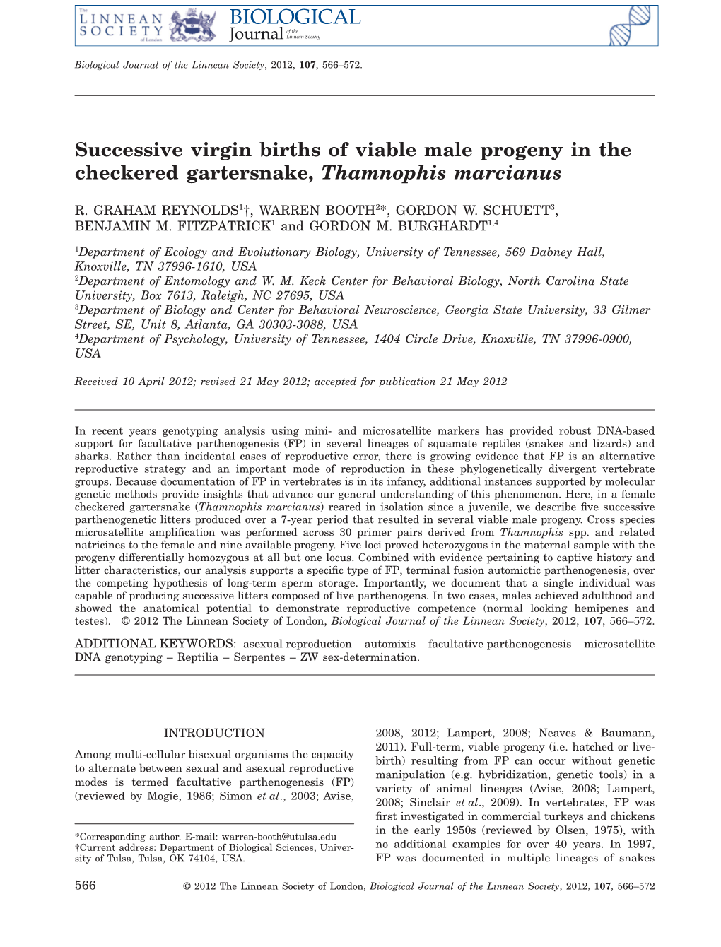 Successive Virgin Births of Viable Male Progeny in the Checkered Gartersnake, Thamnophis Marcianus