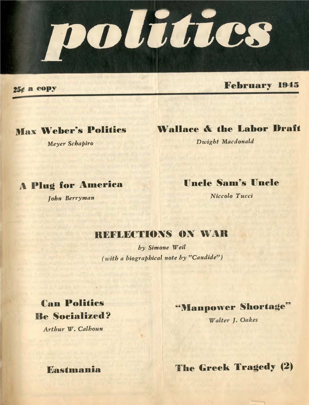 Max Weber's Politics Wallace & the Labor Draft