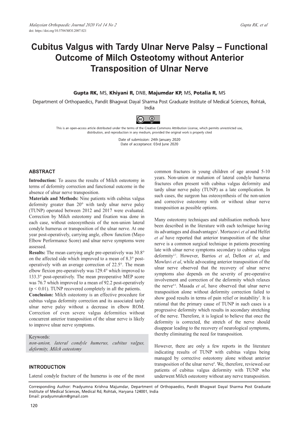 Cubitus Valgus with Tardy Ulnar Nerve Palsy – Functional Outcome of Milch Osteotomy Without Anterior Transposition of Ulnar Nerve